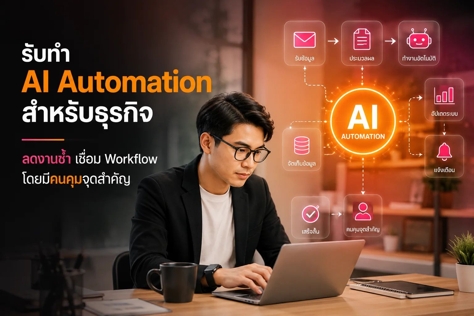 นักธุรกิจหญิงในออฟฟิศสมัยใหม่ ทบทวนขั้นตอนงานบนแล็ปท็อปก่อนออกแบบ AI Automation และ Workflow Automation