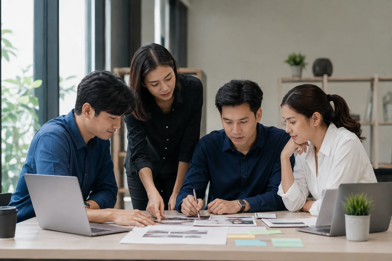 นักธุรกิจหญิงในออฟฟิศสมัยใหม่ ทบทวนเว็บไซต์และข้อมูลก่อนกำหนด Search Intent, Target URL และโครงสร้าง SEO, AI Search, AEO และ GEO