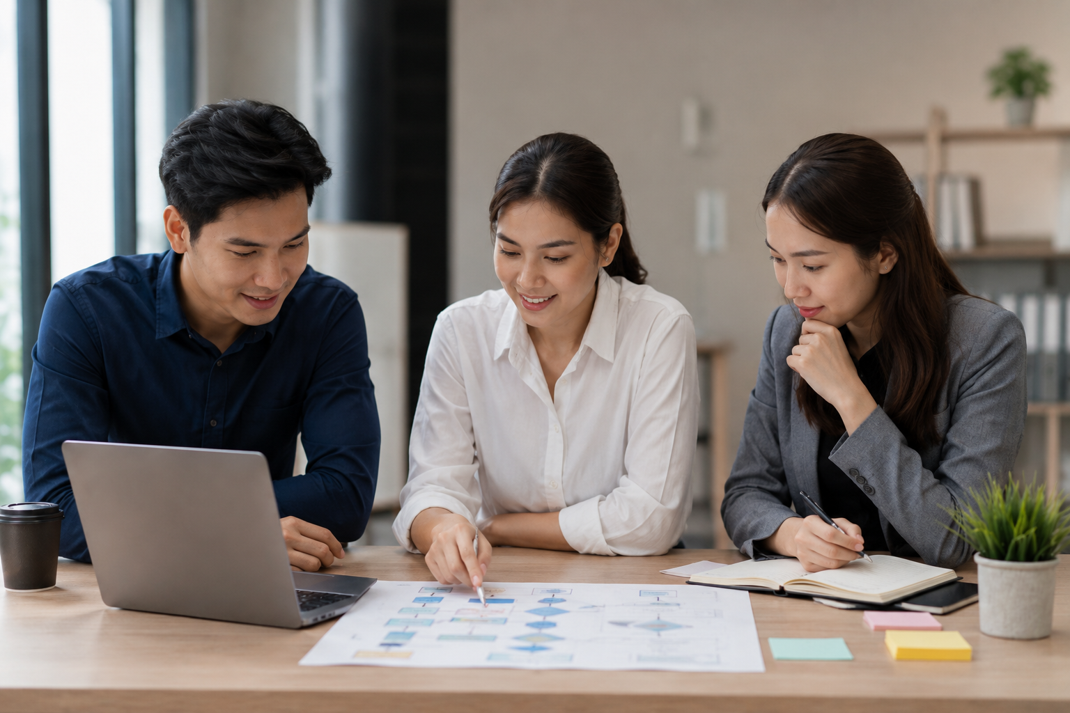 นักธุรกิจในกรุงเทพฯ ทบทวนข้อมูลบนแล็ปท็อปเพื่อวาง Keyword, Search Intent และคำถามที่เว็บไซต์ควรตอบ